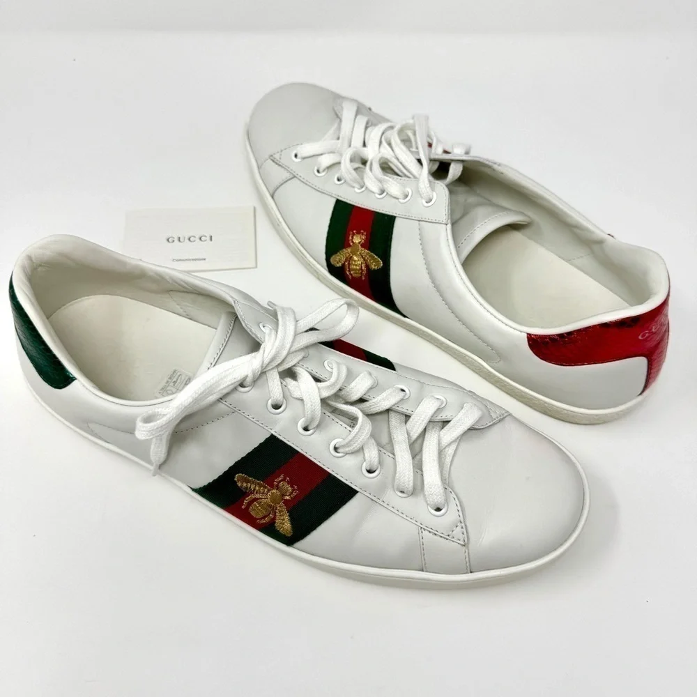GUCCI Ace Embroidered Gold Bee White Sneakers with Red and Green Stripe